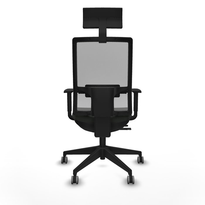 Silla de oficina Horna con mecanismo Sincro/Traslack tapizada con Tela color Negro y malla color Gris. Equipada con lumbar 1D, Brazos 1D, Cabecero Fijo y Ruedas 65 mm parqué