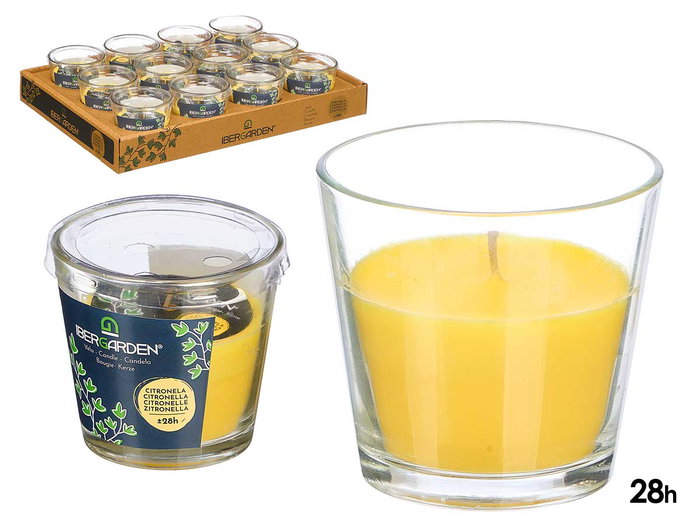 Ibergarden Vela de Vaso Aroma Citronela 28h - 120 gr en Vidrio Amarillo - Dimensiones 8.5x8x8.5 cm (Set de 12) Ibergarden Vela de Vaso Aroma Citronela 28h - 120 gr en Vidrio Amarillo - Dimensiones 8.5x8x8.5 cm (Set de 12)