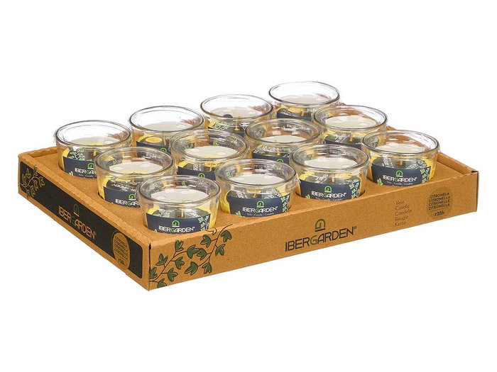 Ibergarden Vela de Vaso Aroma Citronela 28h - 120 gr en Vidrio Amarillo - Dimensiones 8.5x8x8.5 cm (Set de 12) Ibergarden Vela de Vaso Aroma Citronela 28h - 120 gr en Vidrio Amarillo - Dimensiones 8.5x8x8.5 cm (Set de 12)