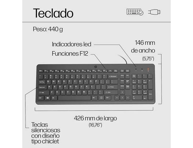 HP Combo 150 Teclado y Ratón con Cable Negro USB-A