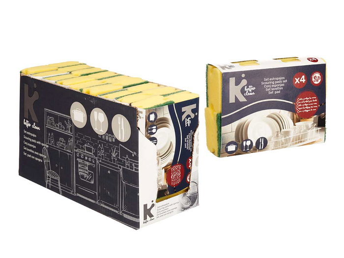 Arte Regal Set 4 Estropajos Salvauñas 18 x 13 x 4.5 cm Espuma Poliuretano Fibra Abrasiva Amarillo Verde (Set de 11)