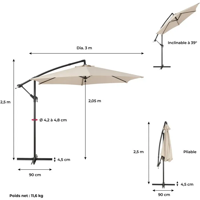 AUREA Parasol Voladizo de Aluminio Ø 3 m con Tejido de Poliéster 180 g Color Crema - SUNPDP3MCREAM