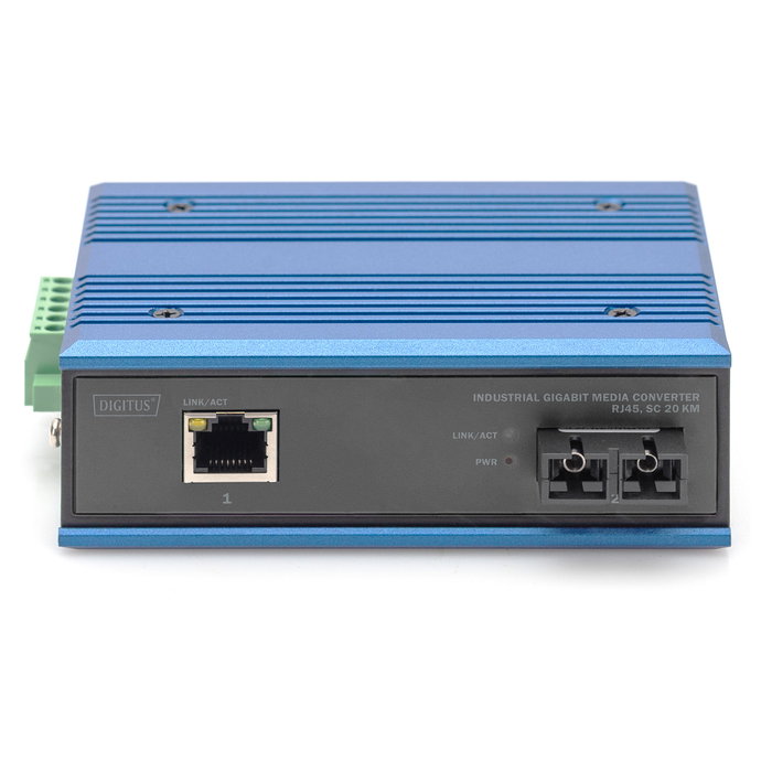 Digitus Convertidor de Medios Industrial Gigabit Ethernet RJ45 a Fibra SC Monomodo 20 km, 1000 Mbit/s, IP40, Montaje en Carril DIN