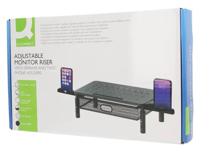 Q-Connect Soporte para Monitor Metálico Regulable en Altura, con Cajón y Dos Soportes para Móvil