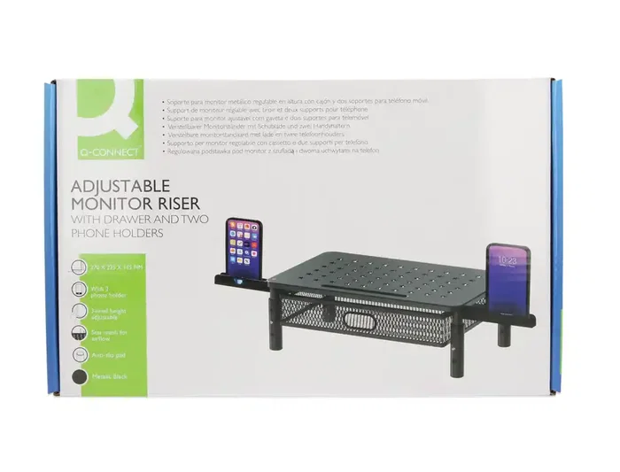 Q-Connect Soporte para Monitor Metálico Regulable en Altura, con Cajón y Dos Soportes para Móvil