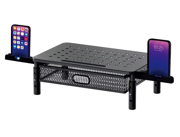 Q-Connect Soporte para Monitor Metálico Regulable en Altura, con Cajón y Dos Soportes para Móvil