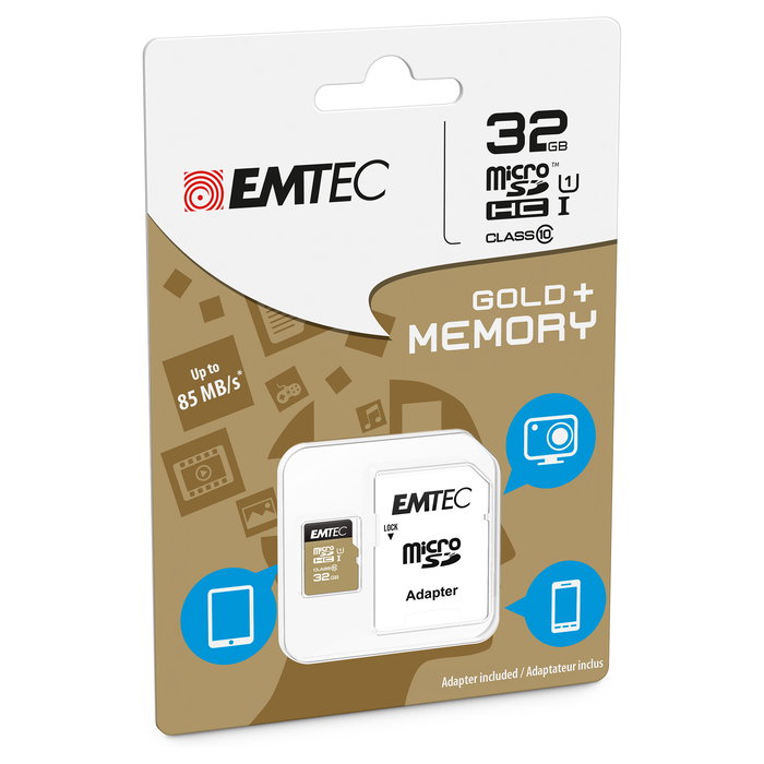 EMTEC Tarjeta microSDHC 32GB UHS-I U1 EliteGold Clase 10 con Adaptador SD Velocidad 85 MB/s Lectura