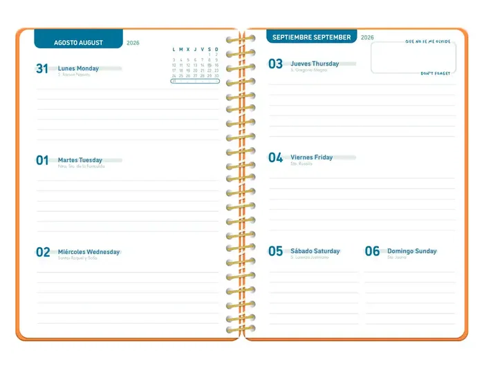 Liderpapel Agenda Escolar Classic 2026-2027 Espiral Semana Vista A5 Bilingüe 70g Papel FSC Naranja - Simply Interior