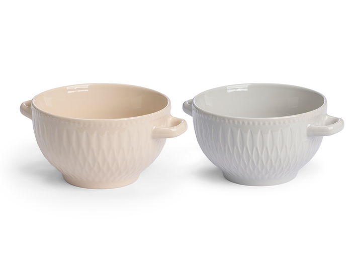 Vessia Tazón para Consomé con Asas, Cerámica de Loza, Capacidad 650 ml, Color Beige o Gris, Dimensiones 19 x 14.3 x 8.5 cm (Set de 24)