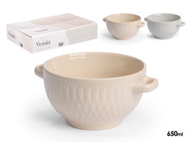 Vessia Tazón para Consomé con Asas, Cerámica de Loza, Capacidad 650 ml, Color Beige o Gris, Dimensiones 19 x 14.3 x 8.5 cm (Set de 24)