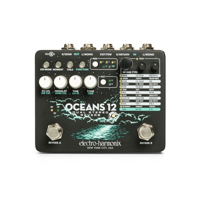 EHX Oceans 12 Pedal de efectos Dual Stereo Reverb con fuente de alimentación 9,6DC-200 PSU EHX Oceans 12 Pedal de efectos Dual Stereo Reverb con fuente de alimentación 9,6DC-200 PSU
