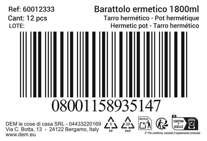 Inde Tarro Hermético 1,80L 10,8x29,1 cm (12 Unidades)