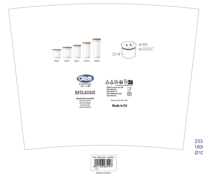 Inde Tarro Hermético 1,80L 10,8x29,1 cm (12 Unidades)