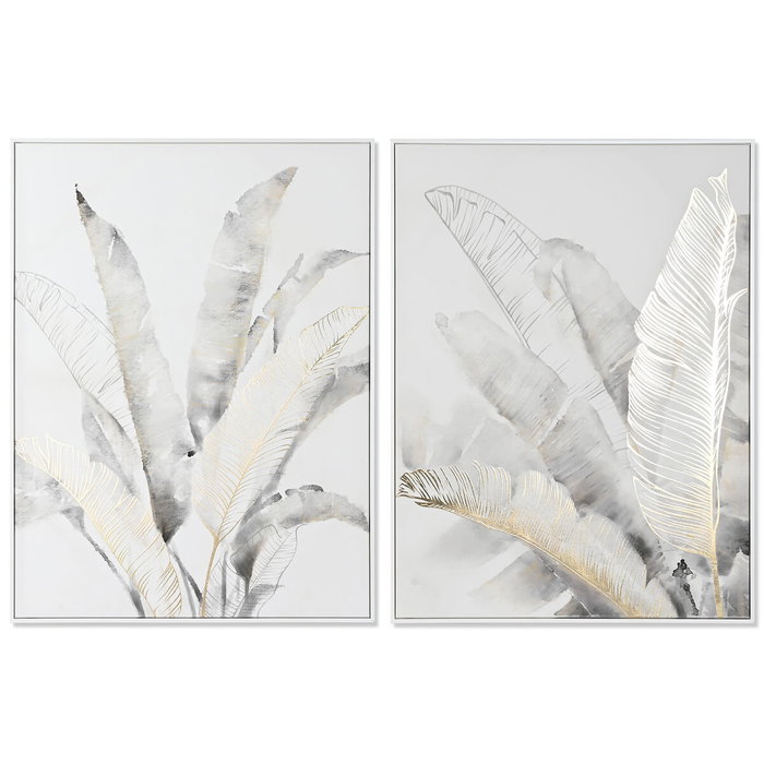 DKD Home Decor Set de 2 Cuadros Palmera 90x120 cm de Lienzo y PS Gris, Dorado y Blanco