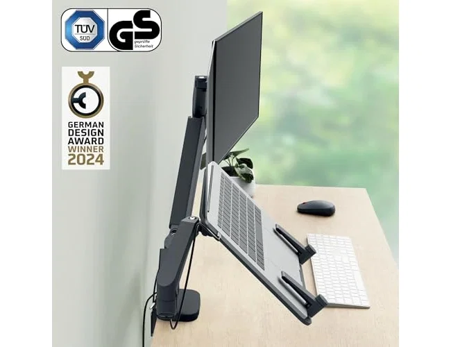 Leitz Brazo Dual Ergo Space Saving para Monitor y Portátil, Gris Oscuro