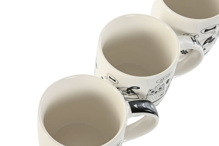 DKD Home Decor Taza Loft Porcelana New Bone Negro Blanco Gatitos Apto Microondas y Lavavajillas 12 Unidades 8.5x9x12.5 cm