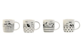 DKD Home Decor Taza Loft Porcelana New Bone Negro Blanco Gatitos Apto Microondas y Lavavajillas 12 Unidades 8.5x9x12.5 cm