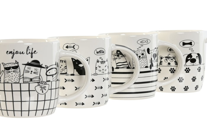 DKD Home Decor Taza Loft Porcelana New Bone Negro Blanco Gatitos Apto Microondas y Lavavajillas 12 Unidades 8.5x9x12.5 cm