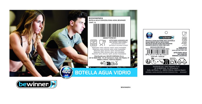 Bewinner Botella de Agua de Vidrio y Silicona 400 ml 7 x 7 x 19.8 cm (24 Unidades)