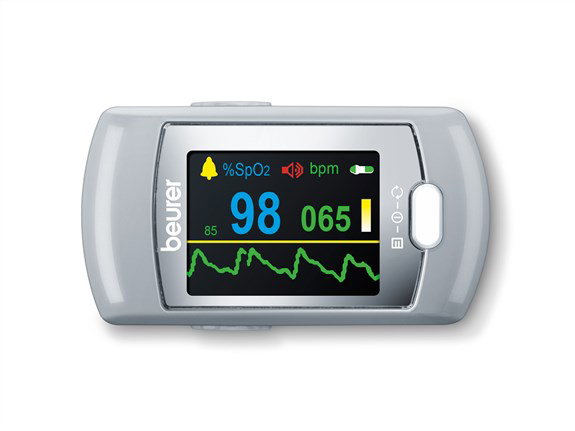 Beurer Pulsioxímetro PO-80 Pantalla XXL para Medición de Oxígeno en Sangre y Frecuencia Cardíaca con Notificación Sonora y Software Beurer Connect