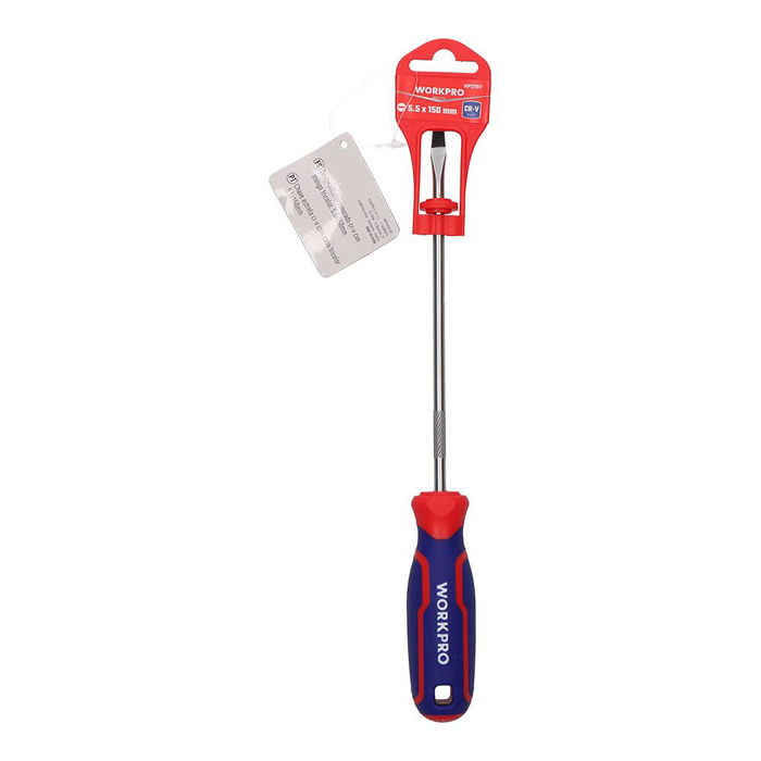 Workpro Destornillador punta plana 5,5 x 150 mm acero cromo-vanadio punta magnética negra mango ergonómico