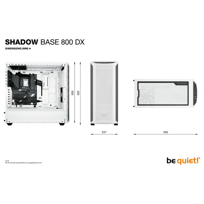 be quiet! SHADOW BASE 800DX White Midi Tower PC Blanco Acero Vidrio Templado ABS ATX EATX micro ATX Mini-ITX