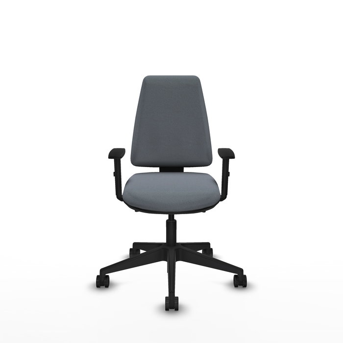 Silla de oficina Elche con mecanismo Asincro tapizada con Tela color Gris. Equipada con Base piramidal negra, Brazos 1D y Ruedas 65mm nailon