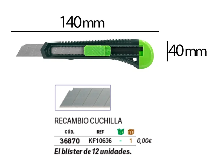 Q-connect Cúter de Plástico Ancho con Asa para Colgar Cuchilla 18 mm Blíster 1 Unidad