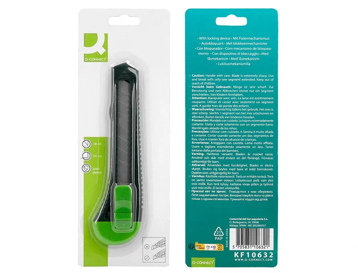Q-connect Cúter de Plástico Ancho con Asa para Colgar Cuchilla 18 mm Blíster 1 Unidad
