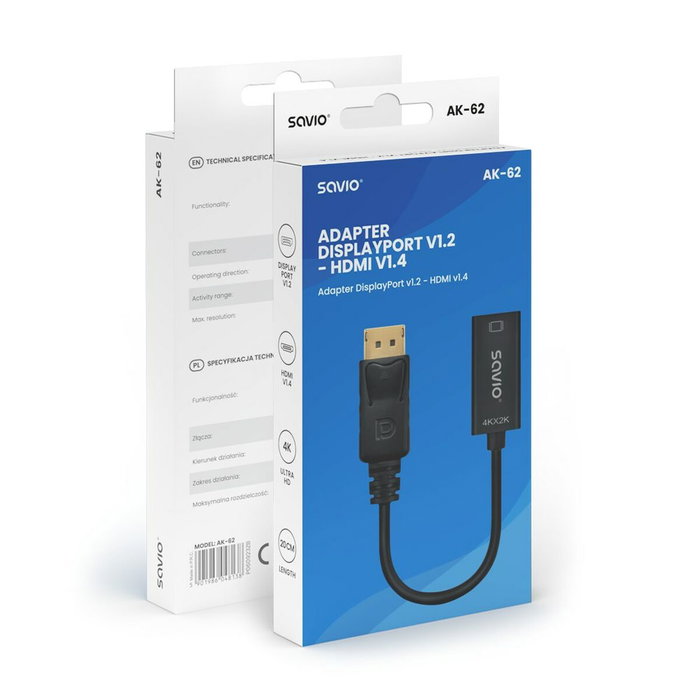 SAVIO Adaptador DisplayPort a HDMI AK-62 Negro 0,2m