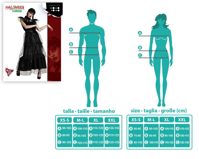 Disfraz Adulto Halloween Vestido Largo Negro Con Cinturón Ajustable Temática Gótica Niña Muerta Talla XS-S para Mujer