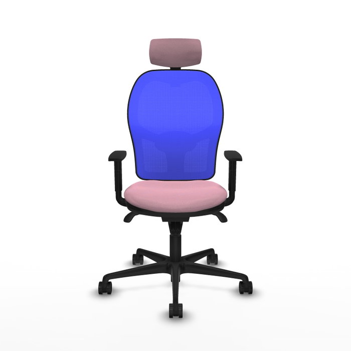Silla de oficina Jorquera con mecanismo Sincro tapizada con Tela color Rosa y malla color Azul. Equipada con lumbar 1D, Brazos 1D, Cabecero 2D y Ruedas 65mm nailon Silla de oficina Jorquera con mecanismo Sincro tapizada con Tela color Rosa y malla color Azul. Equipada con lumbar 1D, Brazos 1D, Cabecero 2D y Ruedas 65mm nailon