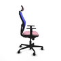 Silla de oficina Jorquera con mecanismo Sincro tapizada con Tela color Rosa y malla color Azul. Equipada con lumbar 1D, Brazos 1D, Cabecero 2D y Ruedas 65mm nailon
