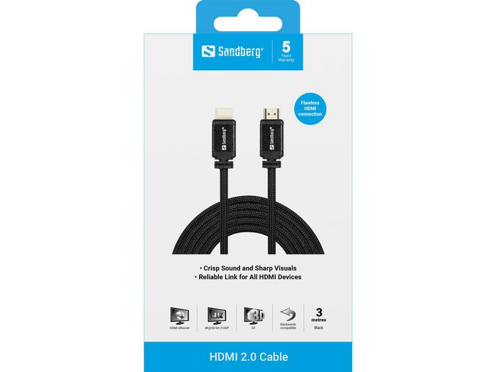 Sandberg Cable HDMI 2.0 3 metros - Para TV, Consolas, Proyectores y Streaming - Conexión Estable y de Alta Resolución