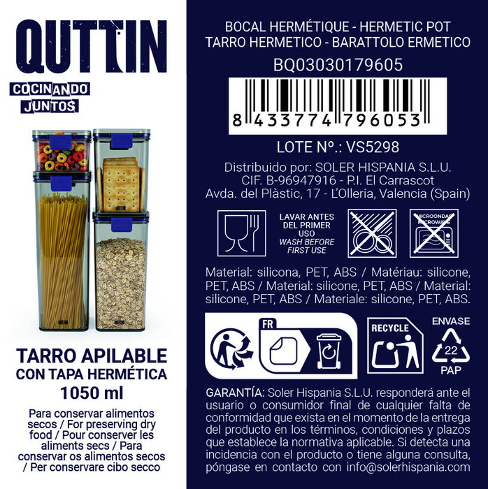 Inde Tarro Cuadrado PET con Tapa Hermética 1050 ml (10 x 11.5 x 15 cm) - Quttin (12 Unidades)