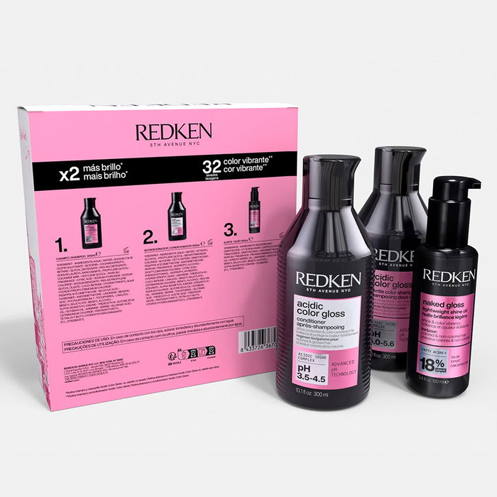 Redken Kit Champú y Acondicionador Acidic Color Gloss para Cabello Teñido, con Aceite Capilar - Set de 3 piezas (Champú 300ml, Acondicionador 300ml, Aceite 100ml)