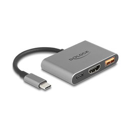 DeLOCK 61071 Adaptador USB-C a HDMI 4K 30Hz con USB-A y USB-C PD 90W - Conector Macho/Hembra, 0.1m, Plug and Play, Gris