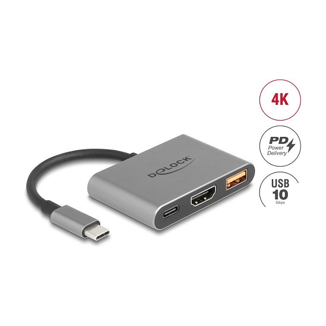 DeLOCK 61071 Adaptador USB-C a HDMI 4K 30Hz con USB-A y USB-C PD 90W - Conector Macho/Hembra, 0.1m, Plug and Play, Gris