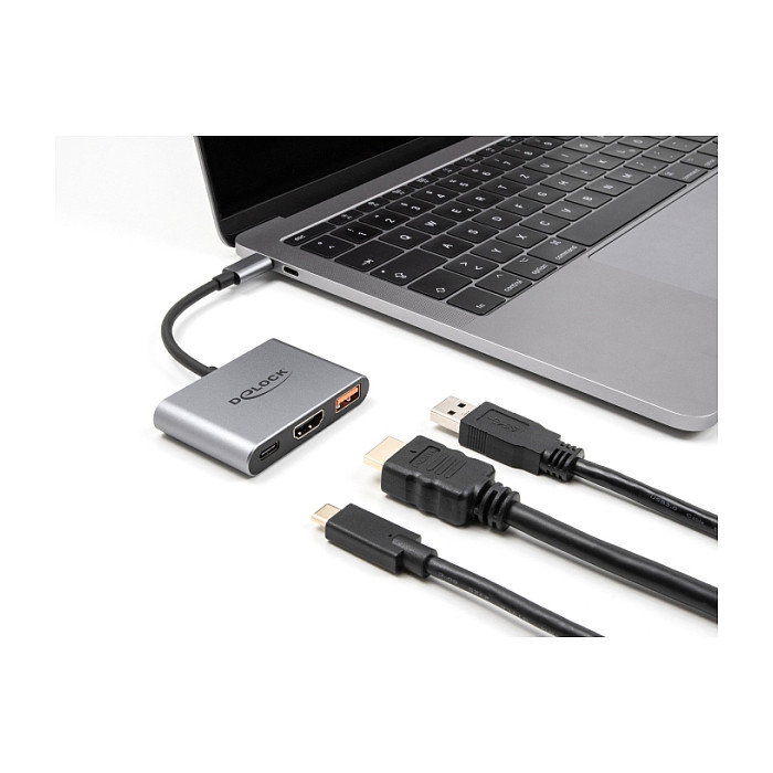 DeLOCK 61071 Adaptador USB-C a HDMI 4K 30Hz con USB-A y USB-C PD 90W - Conector Macho/Hembra, 0.1m, Plug and Play, Gris
