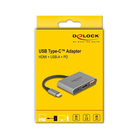 DeLOCK 61071 Adaptador USB-C a HDMI 4K 30Hz con USB-A y USB-C PD 90W - Conector Macho/Hembra, 0.1m, Plug and Play, Gris