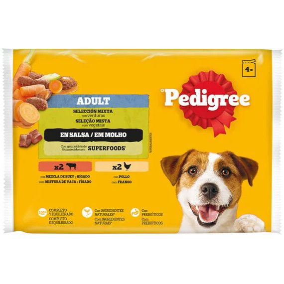 Pedigree Comida Húmeda para Perros 4 Sabores Pollo, Buey y Verduras 13 Bolsitas 150g