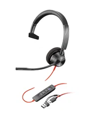 Poly Blackwire 3310 Auriculares Monoaurales Alámbricos con Certificación Microsoft Teams USB-C + Adaptador USB-C/A, Negro