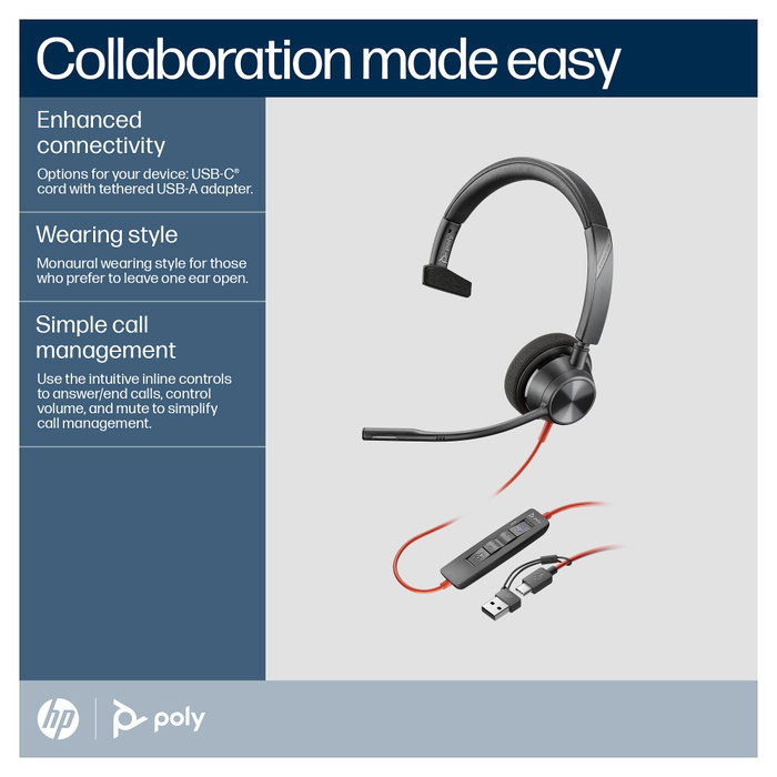 Poly Blackwire 3310 Auriculares Monoaurales USB-C con Certificación Microsoft Teams Poly Blackwire 3310 Auriculares Monoaurales USB-C con Certificación Microsoft Teams