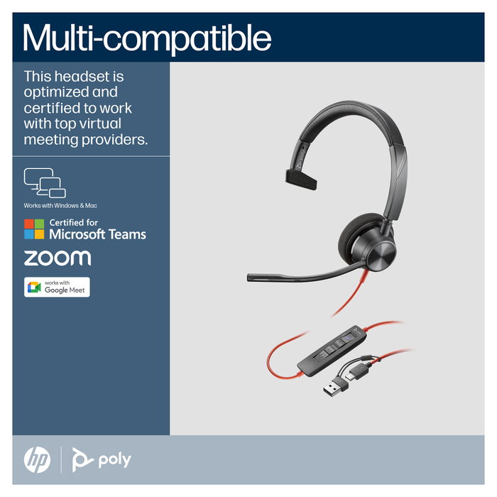 Poly Blackwire 3310 Auriculares Monoaurales USB-C con Certificación Microsoft Teams Poly Blackwire 3310 Auriculares Monoaurales USB-C con Certificación Microsoft Teams