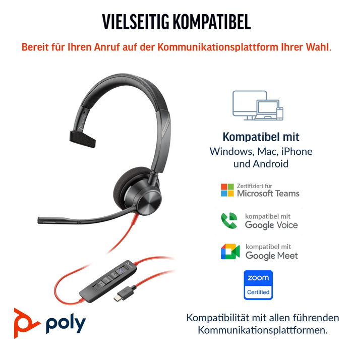 Poly Blackwire 3310 Monoaural Microsoft Teams Certified USB-C con Adaptador USB-C/A Black