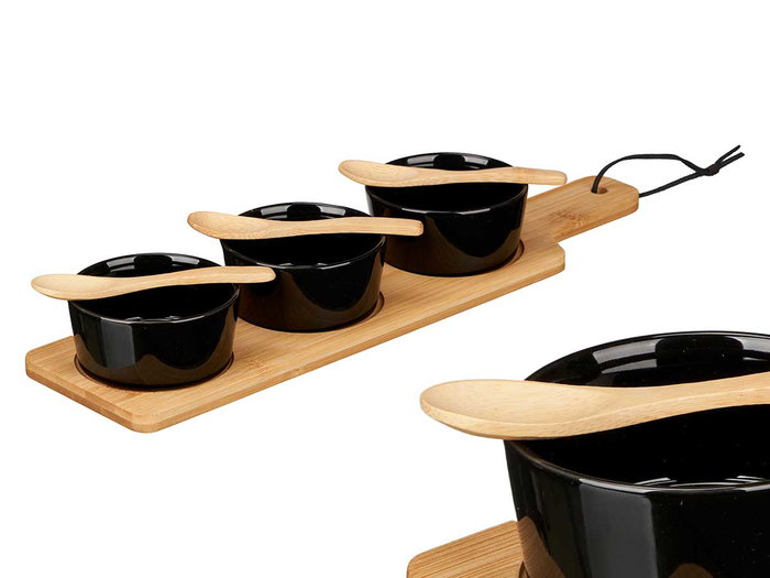 Kinvara - Set de 3 Boles de Cerámica Negra, Cuchara y Bandeja de Bambú para Sopa o Cereal, Plato 8.5 cm, Tabla 39x10 cm, Apto Lavavajillas y Microondas (Set de 12) Kinvara - Set de 3 Boles de Cerámica Negra, Cuchara y Bandeja de Bambú para Sopa o Cereal, Plato 8.5 cm, Tabla 39x10 cm, Apto Lavavajillas y Microondas (Set de 12)