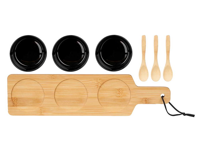 Kinvara - Set de 3 Boles de Cerámica Negra, Cuchara y Bandeja de Bambú para Sopa o Cereal, Plato 8.5 cm, Tabla 39x10 cm, Apto Lavavajillas y Microondas (Set de 12) Kinvara - Set de 3 Boles de Cerámica Negra, Cuchara y Bandeja de Bambú para Sopa o Cereal, Plato 8.5 cm, Tabla 39x10 cm, Apto Lavavajillas y Microondas (Set de 12)