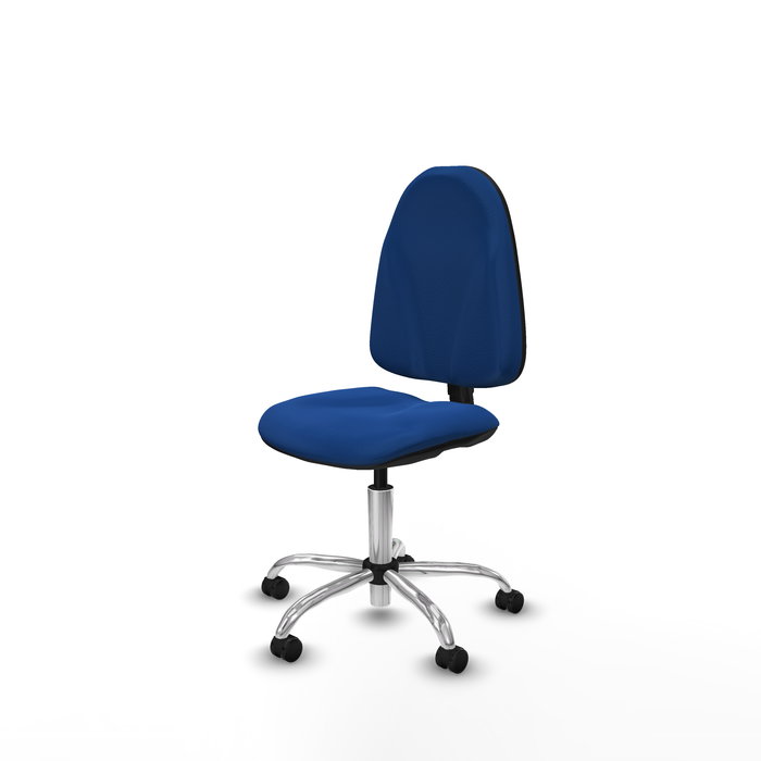 Silla de oficina Algarra con mecanismo Contacto permanente básico tapizada con Similpiel color Azul. Equipada con Base cromada, Sin brazos y Ruedas autofrenantes