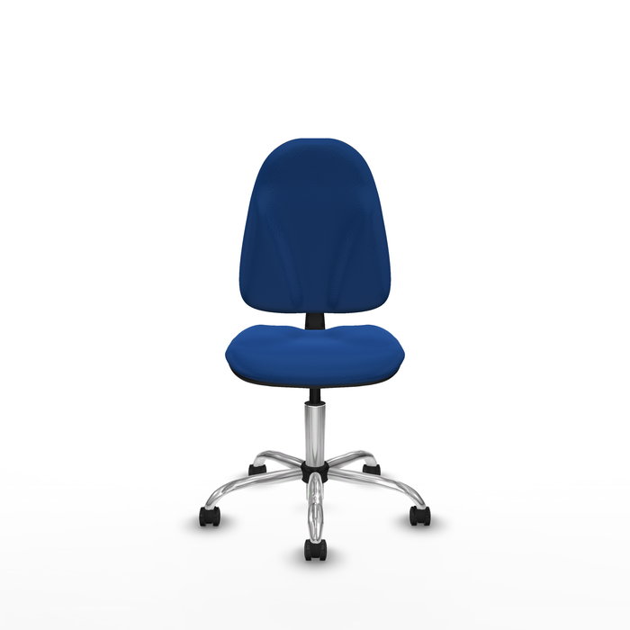 Silla de oficina Algarra con mecanismo Contacto permanente básico tapizada con Similpiel color Azul. Equipada con Base cromada, Sin brazos y Ruedas autofrenantes