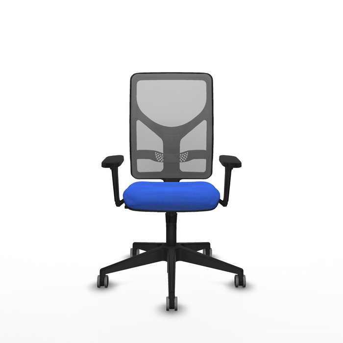 Silla de oficina Motilla con mecanismo Sincro tapizada con Tela color Azul y malla color Gris. Equipada con lumbar 1D, Brazos 3D y Ruedas 65 mm parqué